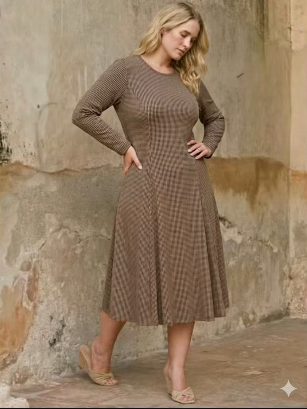 Peruvian Connection Asolo Knit Skater Dress,Houndstooth, Long Sleeve tan size xl